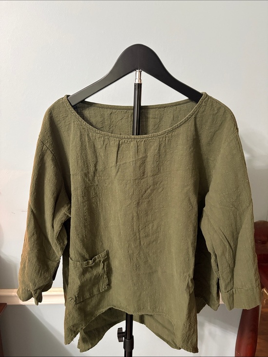 no brand Tops - Relaxed Olive Green Linen-Blend Tunic Top